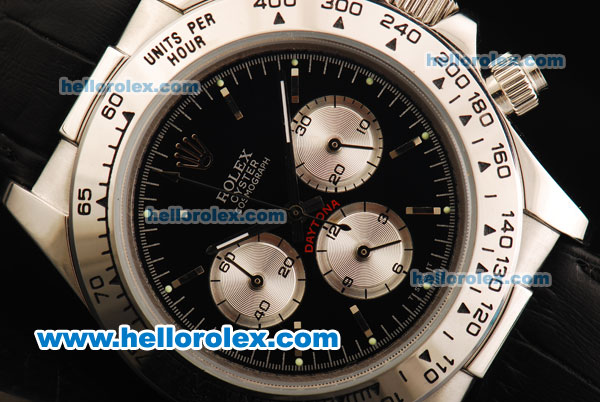 Rolex Daytona Chronograph Quartz Movement Steel Case with Black Dial and Black Leather Strap - Click Image to Close
